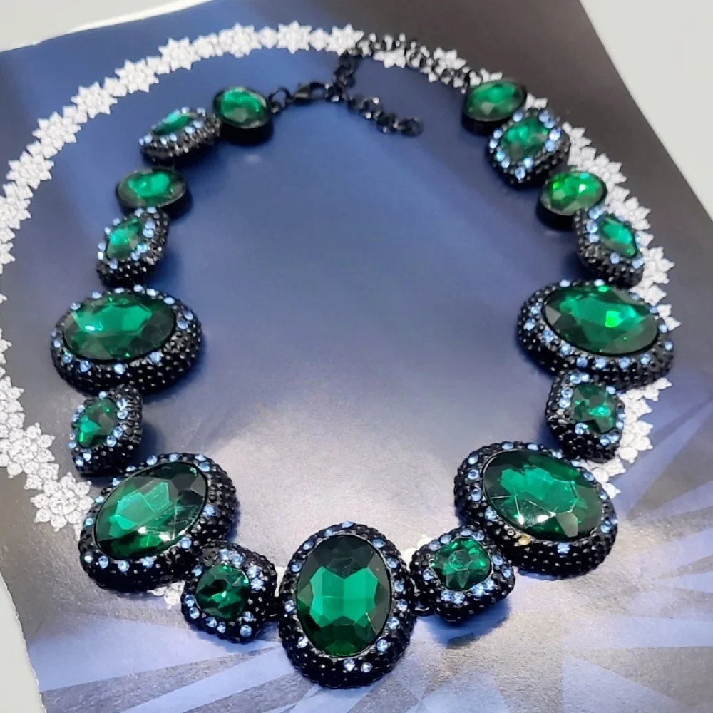 Vintage Estate Baroque Runway Green & Blue Austrian Crystal Statement Ne…